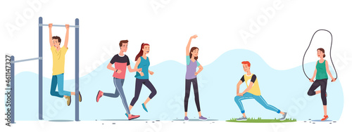 Athletes doing exercises, working out outdoors set