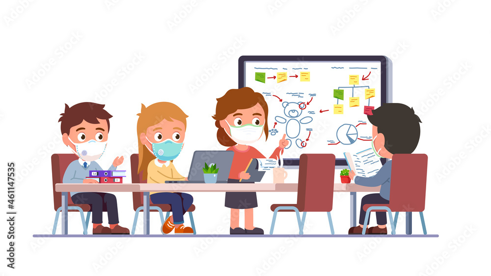 Manager kids team in masks meeting on conference