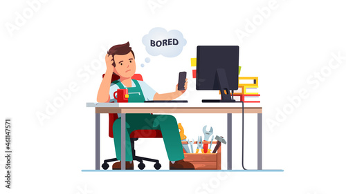 Contractor bored at work shuffling through phone