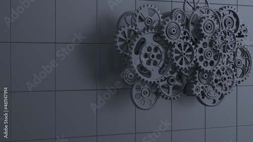 Mechanism black metallic gears and cogs at work on blue plate under spot light background. Industrial machinery. 3D illustration. 3D high quality rendering. 3D CG.