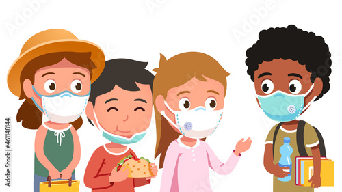 School students kids in masks eating, chatting