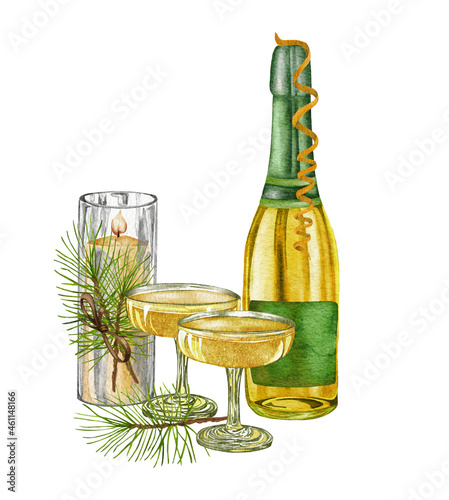 Watercolor champagne bottle and glasses with christmas decorations. White sparkling wine, alcoholic beverage drink illustration on white background