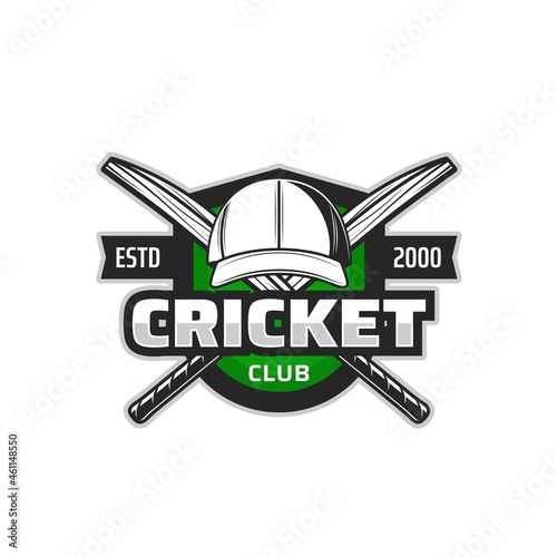 Cricket field icon with vector sport bats and player uniform cap on heraldic shield. Crossed cricket game equipment isolated badge of sport club, sporting competition or championship match design
