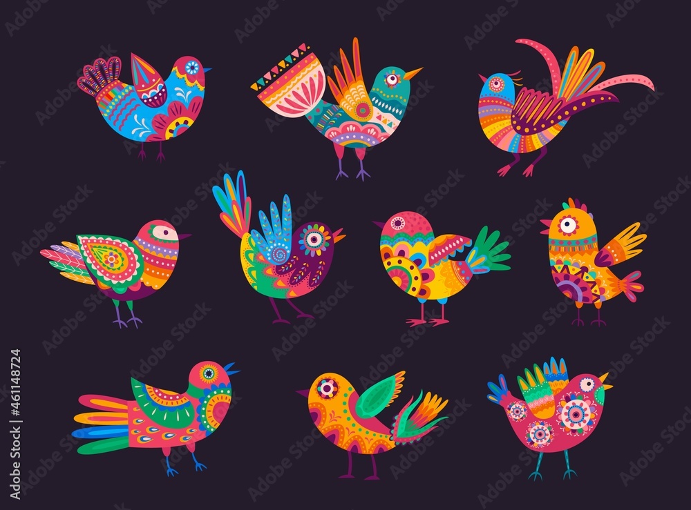 Mexican birds with colorful ornaments, feathers and tails. Vector alebrije birds, decorated with ethnic pattern of Mexico and floral motif with flowers and leaves. Mexican holiday elements - obrazy, fototapety, plakaty 