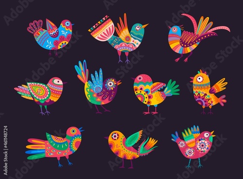 Mexican birds with colorful ornaments, feathers and tails. Vector alebrije birds, decorated with ethnic pattern of Mexico and floral motif with flowers and leaves. Mexican holiday elements