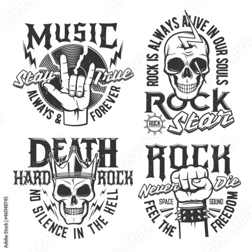 Hard rock skull t-shirt prints, rock music concert vector icons and badges. Hard rock music festival and rocker club emblems with skull in crown, fist and vinyl disc, thunderbolt lighting and slogans