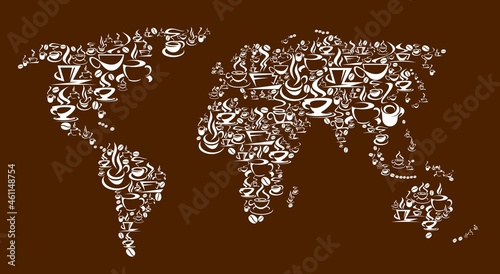 Steaming coffee cups, pots and beans vector world map. Freshly brewed espresso, cappuccino or latte, hot chocolate or macchiato coffee drinks in mugs and demitasse cups with saucers and steam