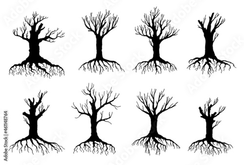 Dead and withered tree vector silhouettes of environment and ecology design. Old dry crooked tree isolated objects, black bare branches, trunks, roots and leafless crowns of forest plants