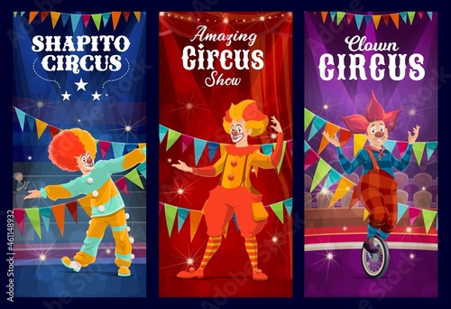 Shapito circus clowns, jesters and harlequin vector characters performing comedy show on carnival stage. Cartoon clowns with red noses, wigs and unicycle banners of amusement park, circus and funfair
