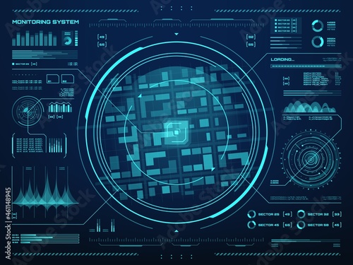 HUD security monitoring system technology digital interface with target or object location mark on glowing blue neon light screen with city blocks map, graphs and sound waves, data circular diagrams