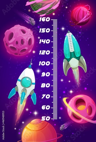 Galaxy kids height chart with vector space rockets and planets. Growth measure meter or stadiometer ruler sticker with cartoon background of dark space sky, spaceship and shuttle, stars and asteroids