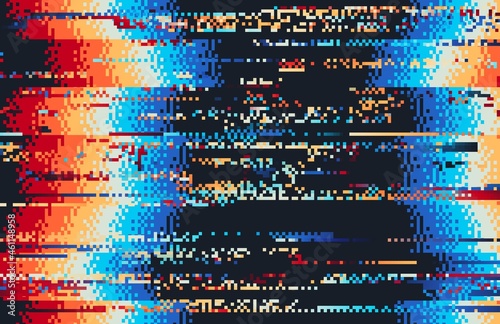 Screen error glitch video distortion with rainbow pixel noise vector pattern. TV static screen effect and broken VHS video texture abstract background with waves of color mosaics and lines