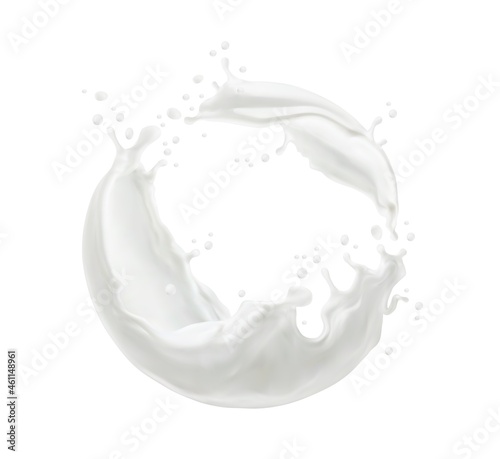 Photographie Milk twister or swirl splash with splatters and white milky drops flow, realistic vector