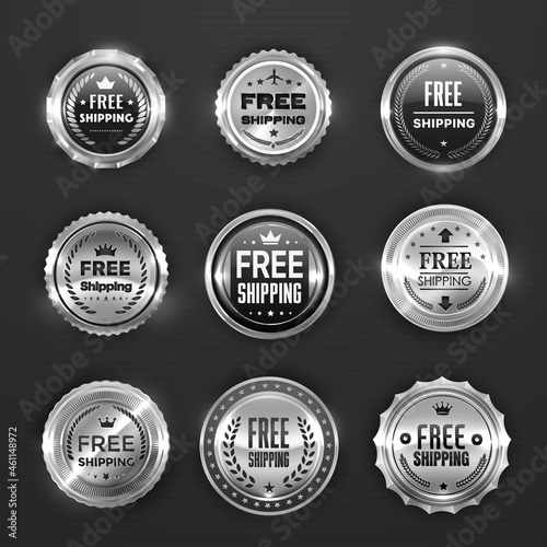 Silver free shipping and delivery labels and seals, vector metal badges. Premium quality and free shipping or express order service seals and fast delivery VIP labels with crown and stars embossing