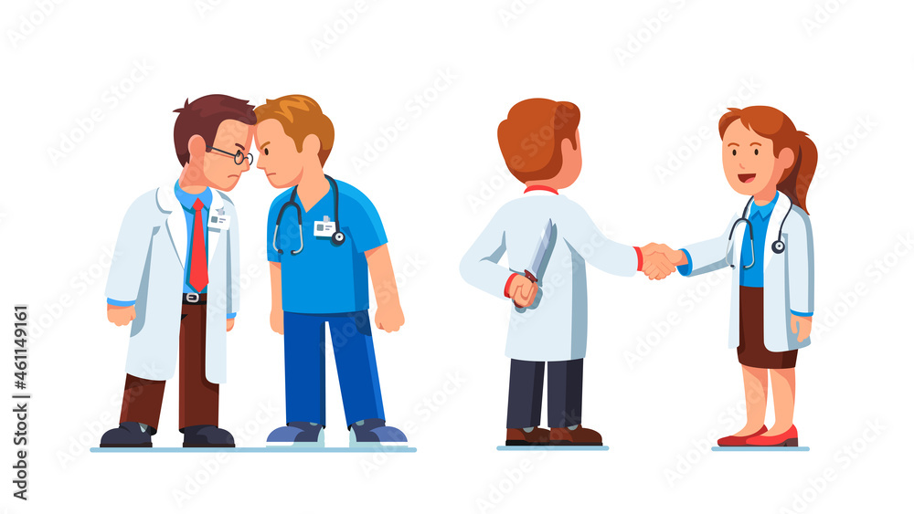 Medical worker men clashing heads in fight Medical worker men clashing heads in fight
