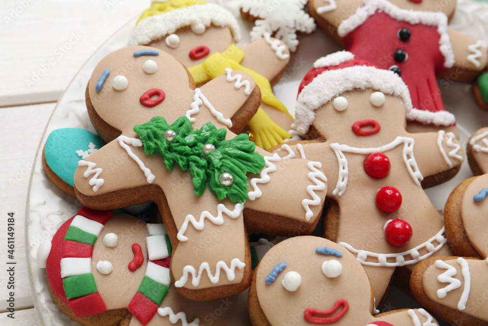 Delicious Christmas cookies on white table, closeup