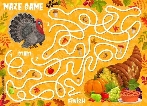 Labyrinth maze game, Thanksgiving turkey, autumn leaves and cornucopia, vector kids tabletop riddle. Board game, find way or escape labyrinth puzzle for turkey in autumn forest to pumpkin and pie