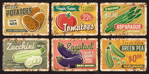 Farm vegetables rusty plates with vector veggie food and beans. Fresh tomato, zucchini, potato and eggplant, green pea and asparagus vintage tin signs and old metal signboards, farm market design
