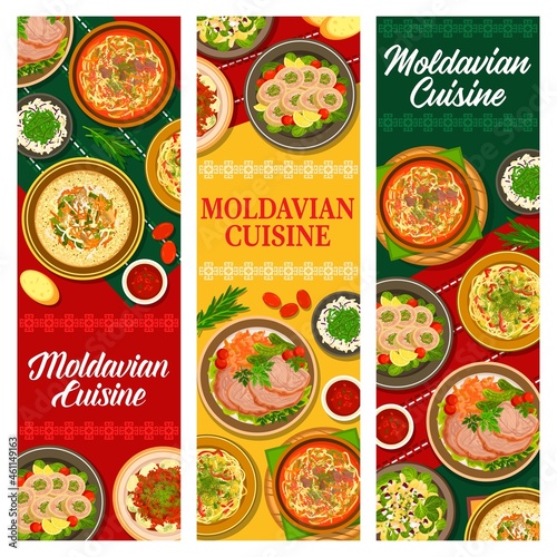 Moldovan food, Moldavian cuisine banners or menu with traditional lunch dishes and dinner meals, vector. Moldavian or Moldovan food meat goulash, chicken, dumplings and noodles, Eastern Europe cuisine