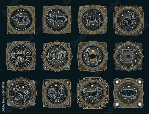 Chinese horoscope occult symbols with vector zodiac animals, signs of astrology calendar and Lunar New Year. Horse, pig, rat and tiger, monkey, snake, dog and dragon, ox, rabbit, rooster and goat