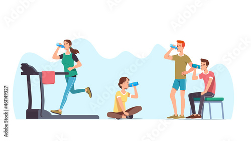 Athletes doing exercises, resting drinking water
