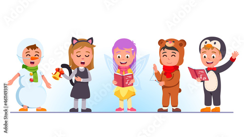 Kids group wearing winter holidays season costumes