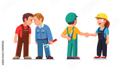Two construction worker clashing heads in fight