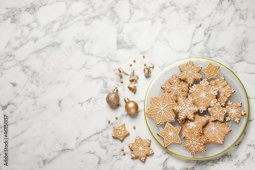 Wallpaper Mural Tasty Christmas cookies and baubles on white marble table, flat lay. Space for text Torontodigital.ca