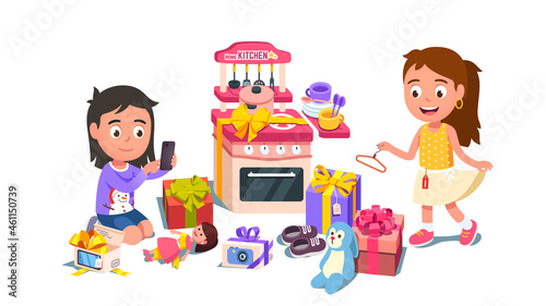 Kids unwrapping holiday Christmas presents