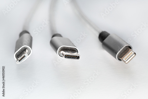 Three types of peripheral cables connectors for charging or data. Concept EU rules to change universal charge plug to USB C