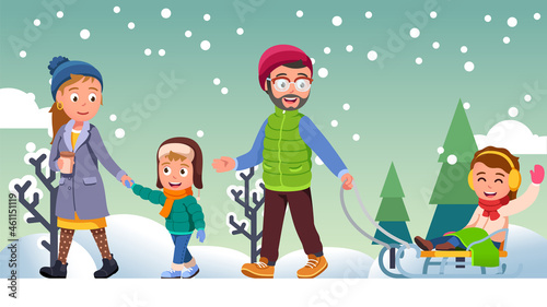 Family couple with kids walking outdoor