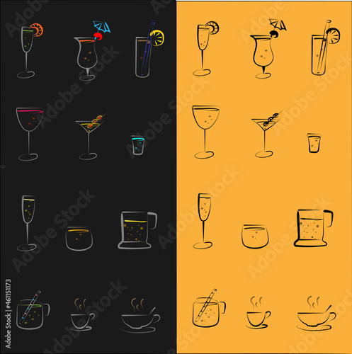 Color and black Drink pack includes: 
coctails, coffee, tea, beer, whiskey, long drink, shot, champagne, wine, vermouth, limonade