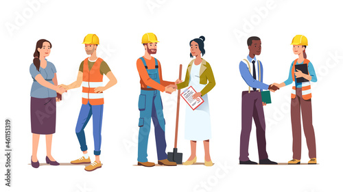 Business person shaking hand with builder man
