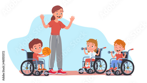 Coach woman training disabled kids in wheelchairs