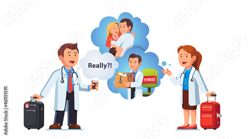 Doctor woman telling secrets to medical worker man
