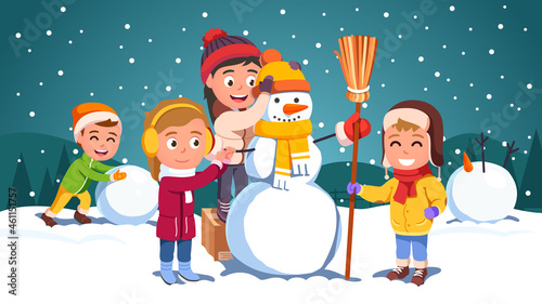 Kids friends team building snowman together