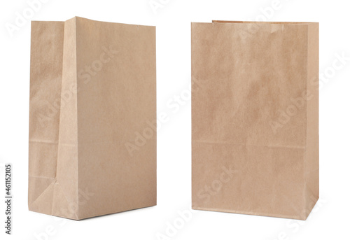 Open kraft paper bags on white background, collage