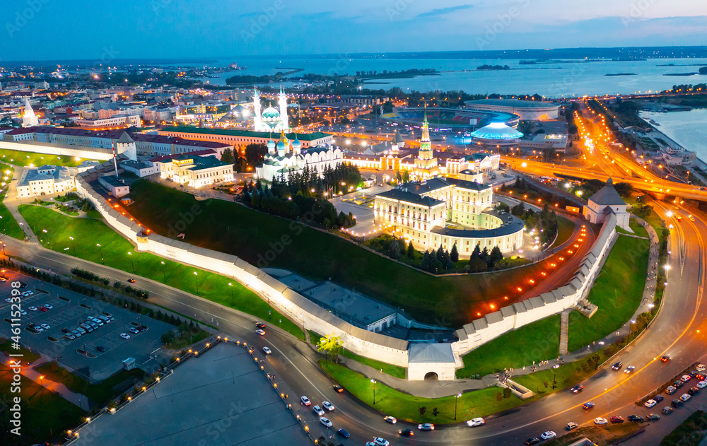 Kazan Kremlin at summer night with view of Kazanka River.