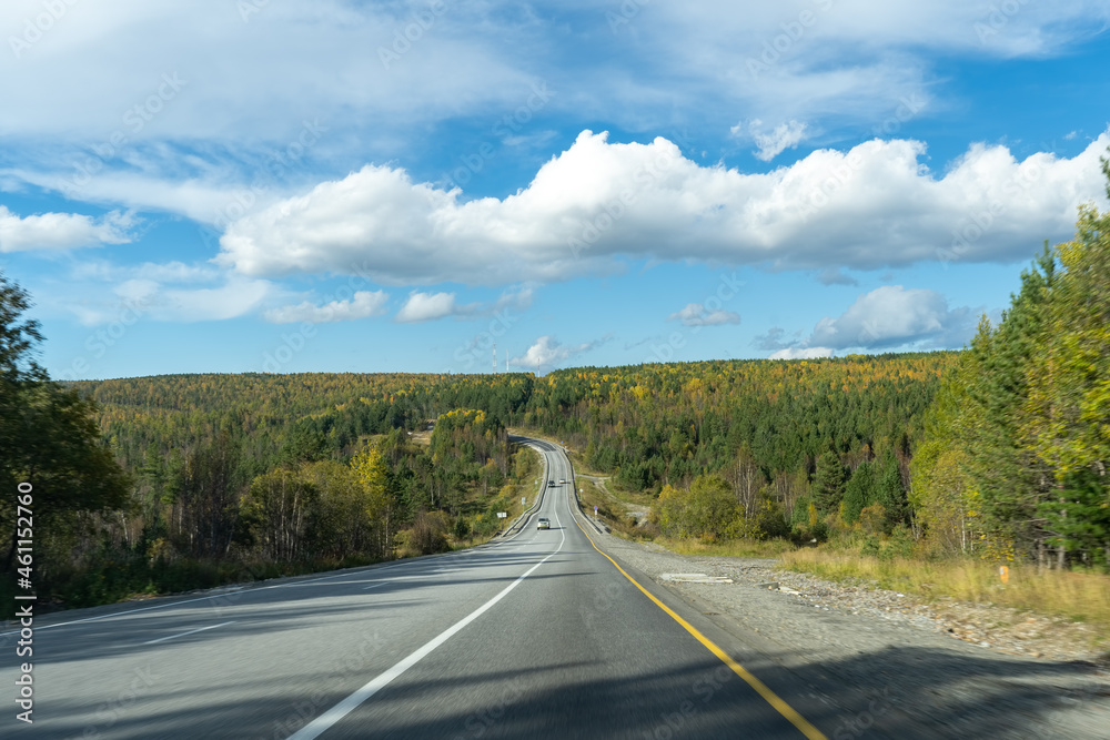 Landscape with a motorway in the middle of an autumn forest