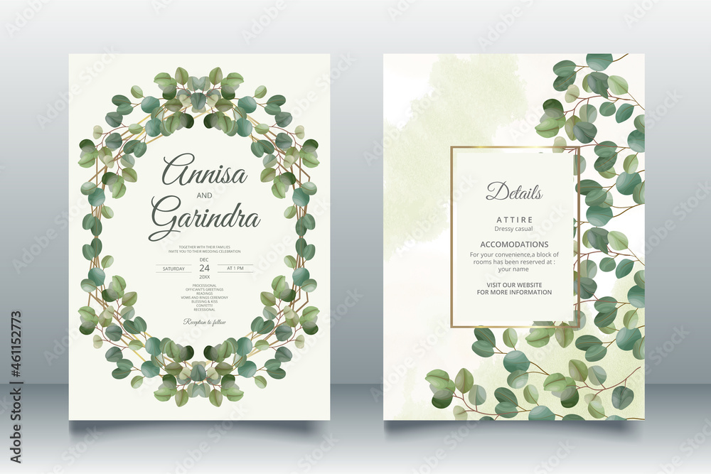  eucalyptus  Wedding invitation card template set with greenery leaves Premium Vector