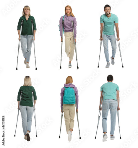 People with axillary crutches on white background, collage photo