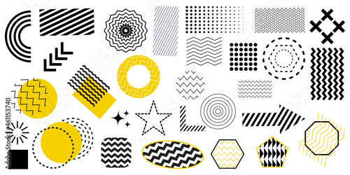 Set of geometric shapes. Abstract icon. Memphis design. Black and yellow figures. Vector illustration. Stock image.