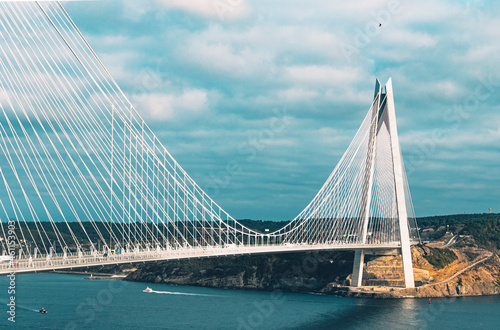 Landscape view of modern hybrid cable-stayed, suspension bridge (Yavuz Sultan Selim) on Bosphorus, Istanbul..