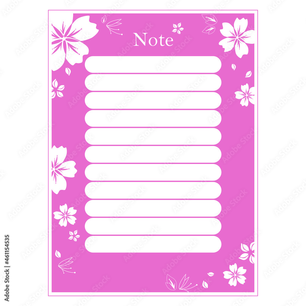 card with pink flowers, a template for notes, for a diary and to do things