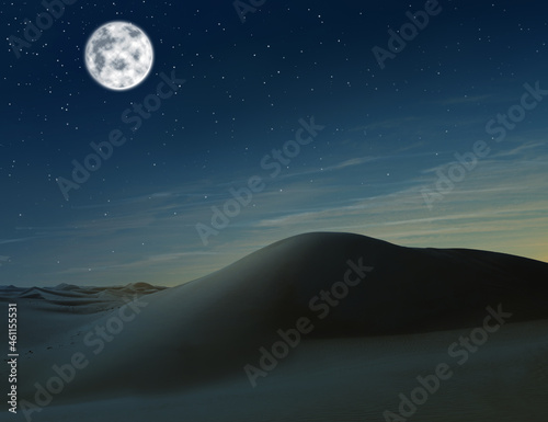 Scenic view of sandy desert under starry sky with full moon in night