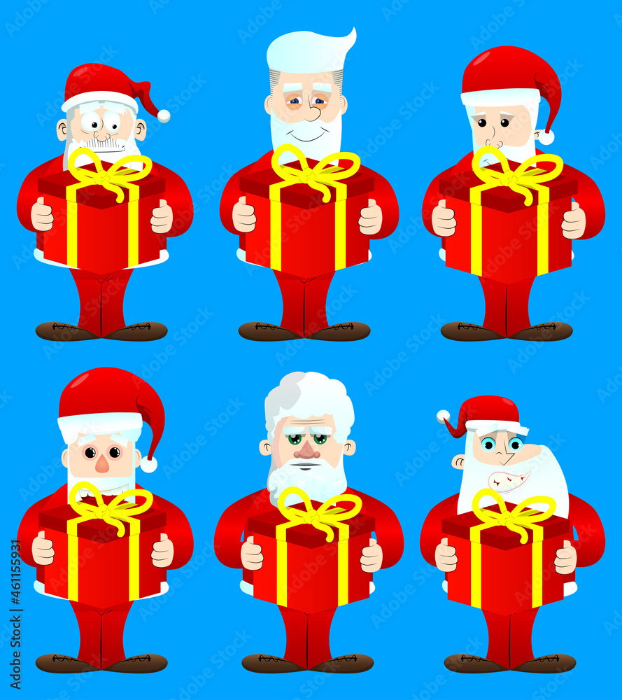 Santa Claus in his red clothes with white beard holding big gift box. Vector cartoon character illustration.