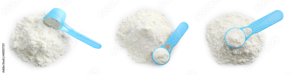 Set with powdered infant formula and scoops on white background, top ...