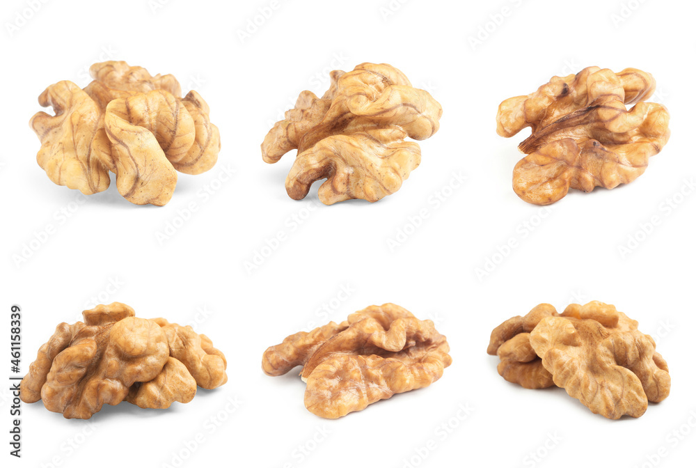 Set with tasty walnuts on white background Set with tasty walnuts on white background