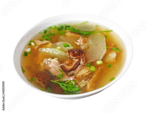 chinese chicken soup in white bowl on white background