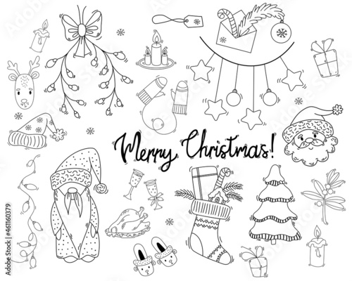Big set of Christmas and New Year design elements in doodle style. Vector illustration. Isolated drawings. For design and decor postcards Merry Christmas